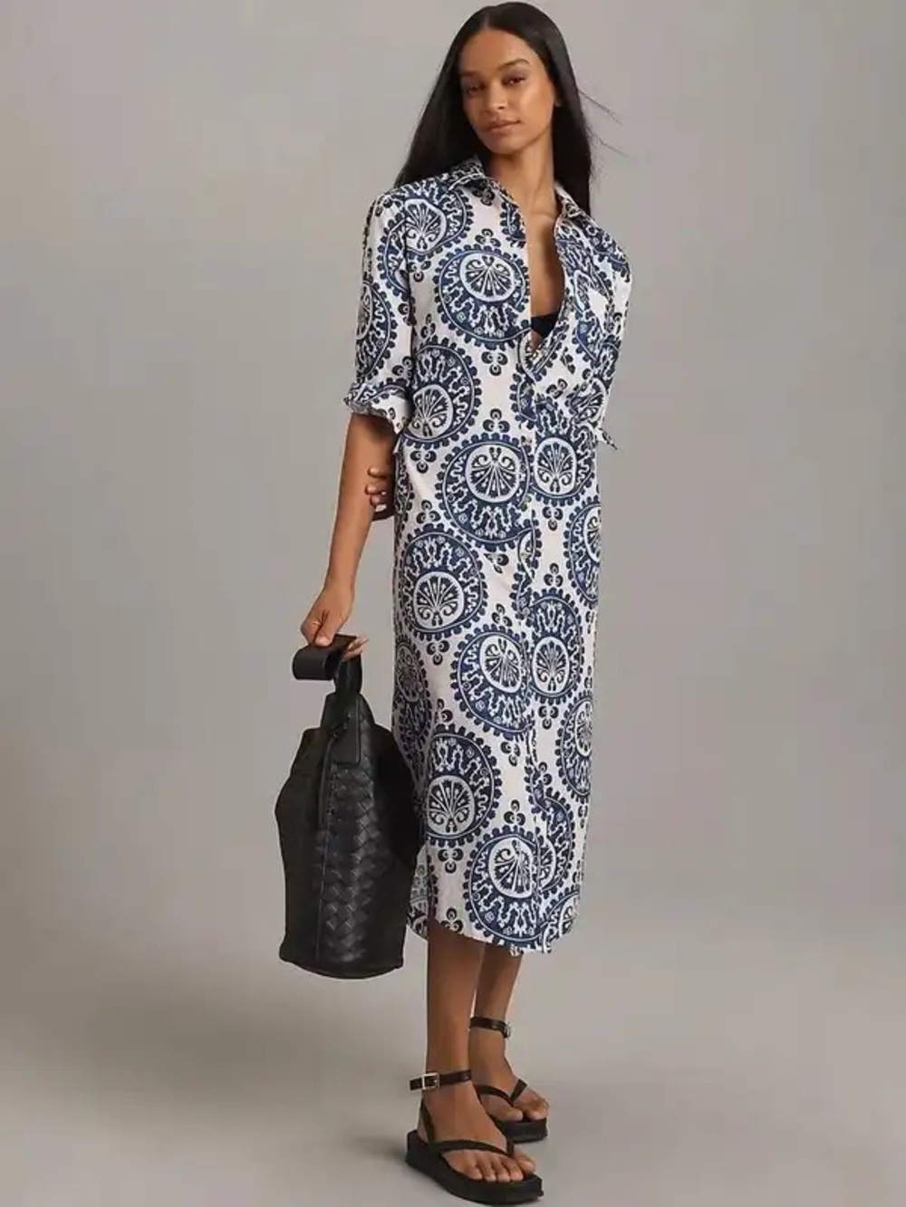 ❤️ NWOT! Anthropologie x Maeve Long Midi Blue & White Printed Cotton Shirtdress